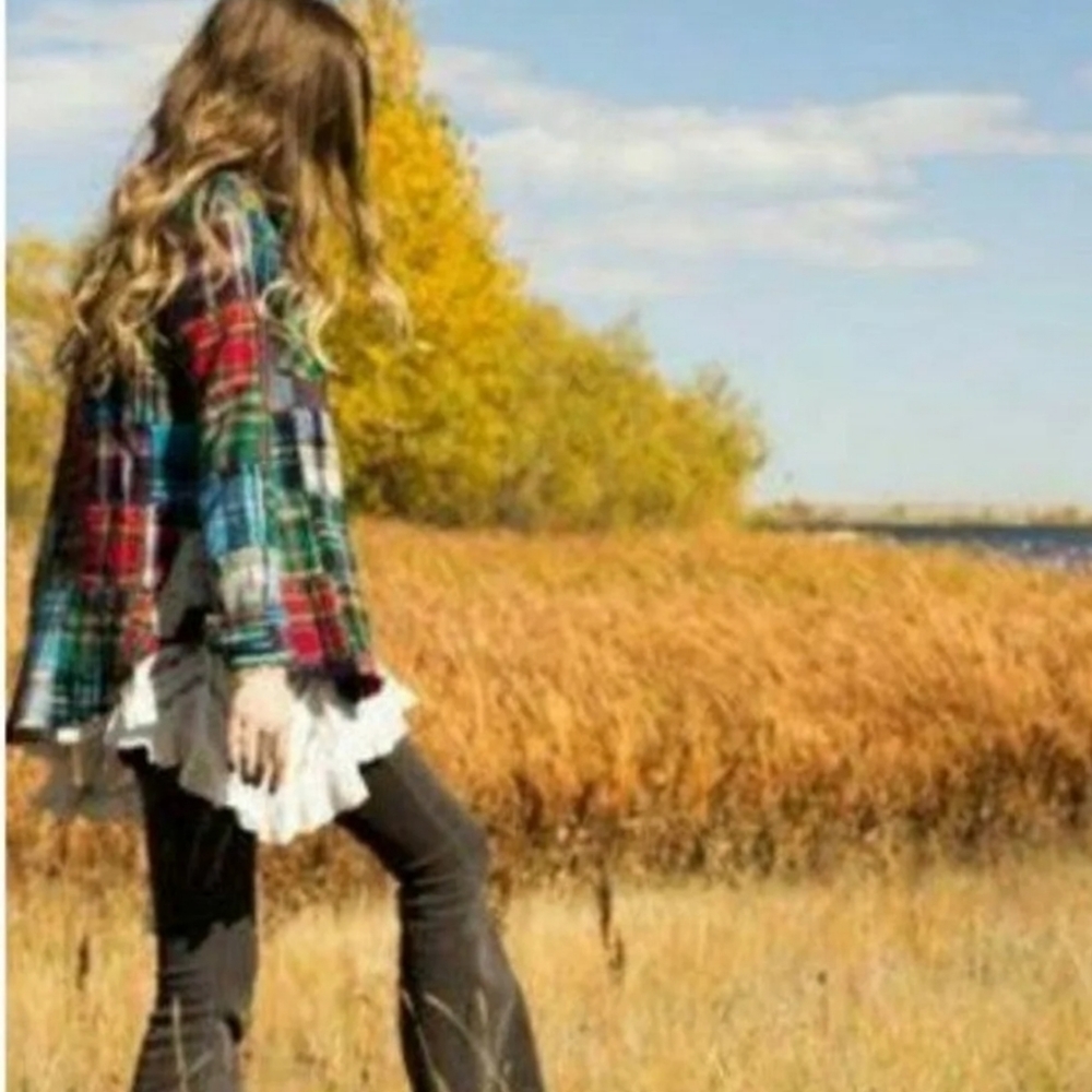 FREE PEOPLE "LOST IN PLAID" LACE CROCHET SIDED PATCHWORK PLAID FLANNEL TOP☆MED